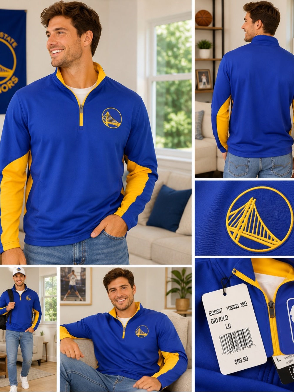 Golden State Warriors NBA 1/4 Zip Pullover Blue Gold Size Large NWT